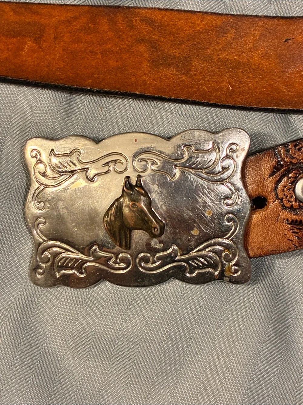 Wrangler Tooled Brown Leather Belt with Silver Horse Buckle